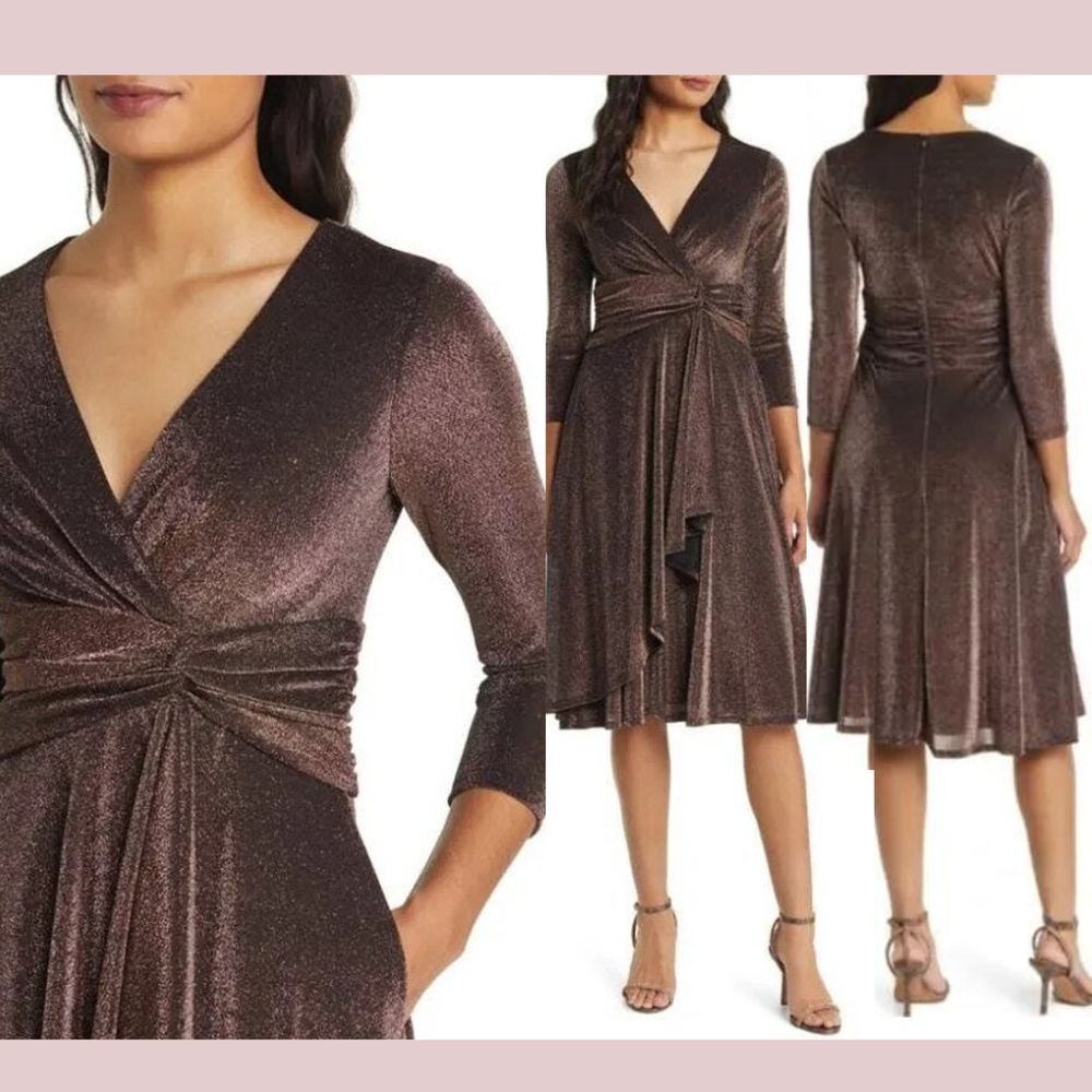 NWT $179 ELIZA J [ 4 ] Metallic Long Sleeve Faux Wrap Cocktail‎ Dress Brown